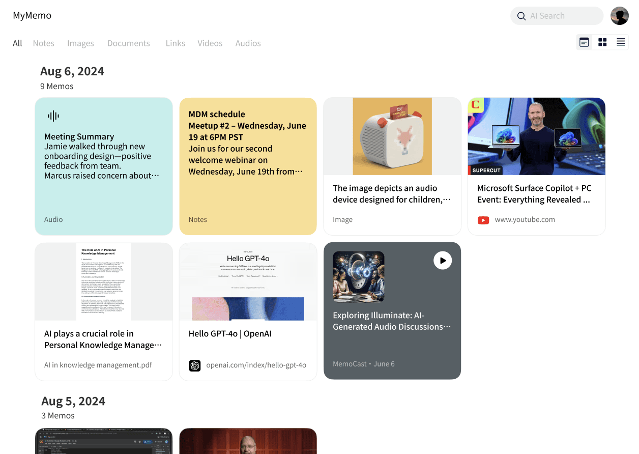 MyMemo inbox view — capturing articles, videos, and notes from across the web