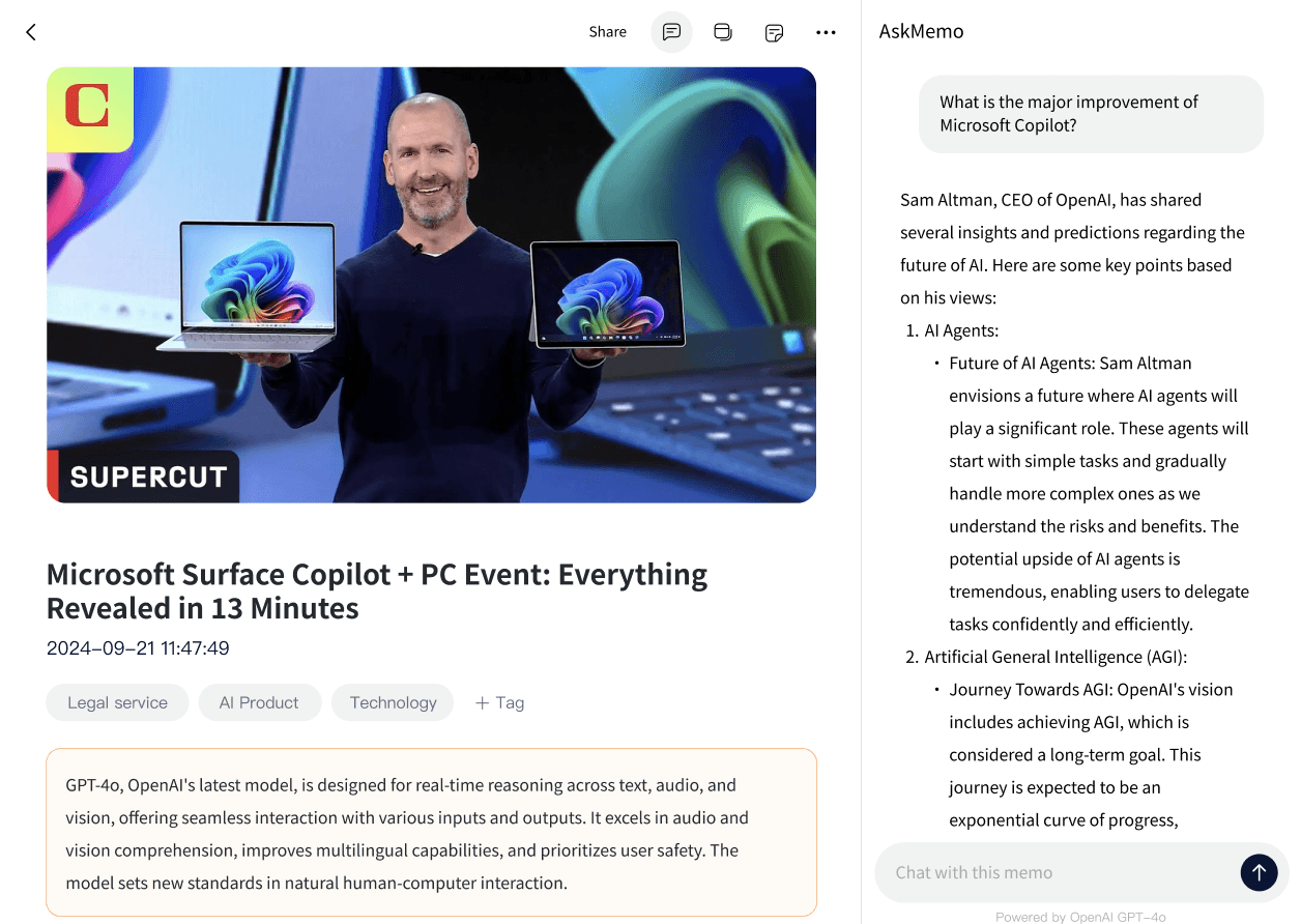AI-generated summary card with key bullets and TL;DR audio