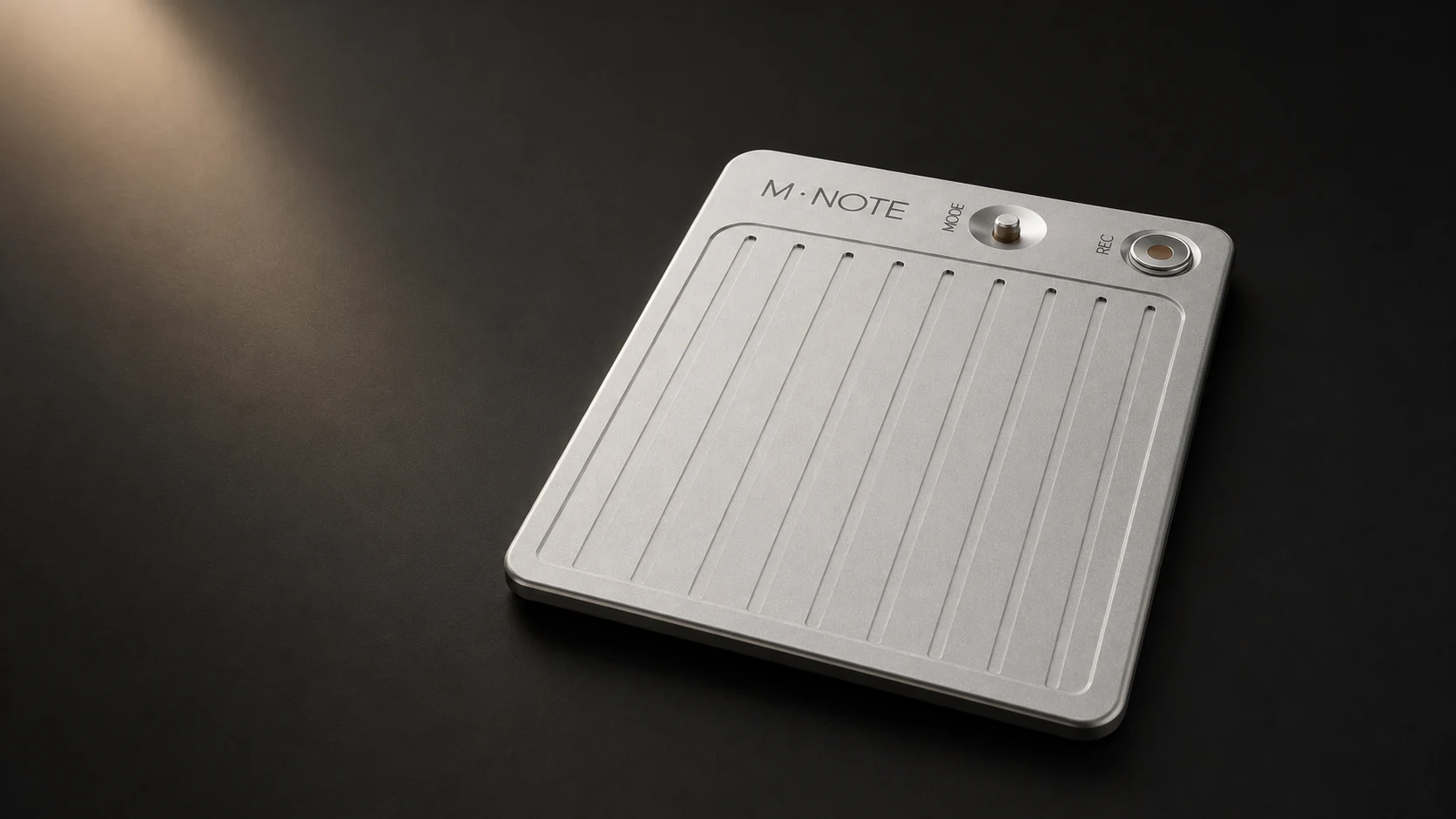 Silver M-NOTE card-sized voice recorder with MODE and REC controls